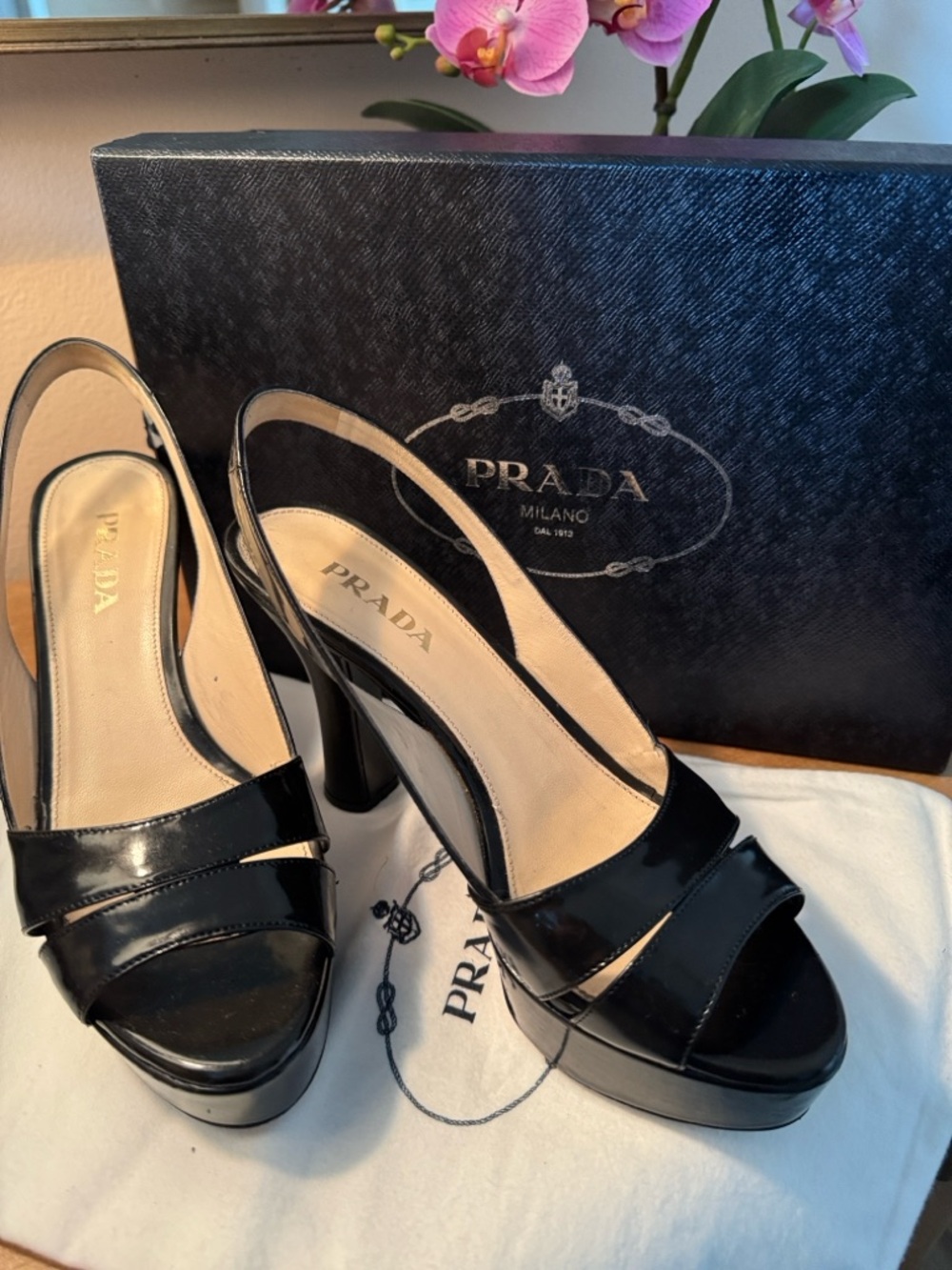 Prada Black Patent Platform Sandals